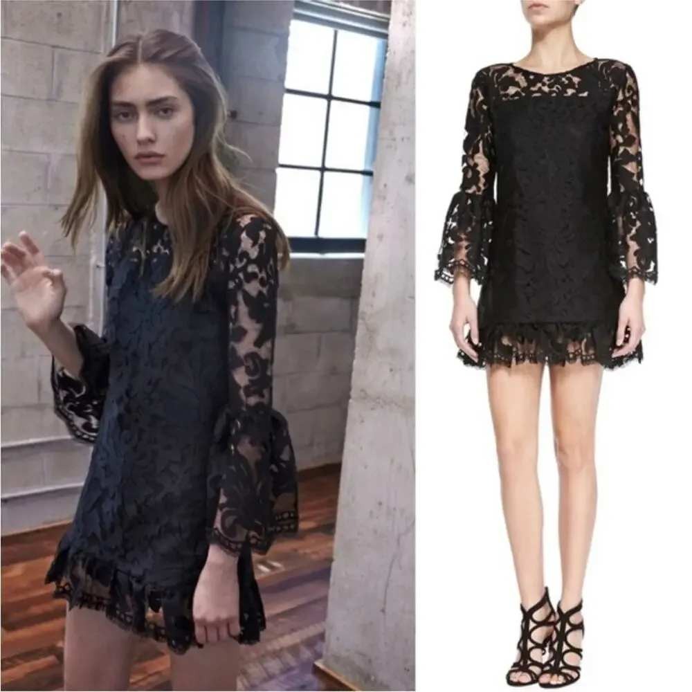 Alexis Eloy Ruffle Black Guipure Lace Mini Dress With Bell Sleeves Size Small